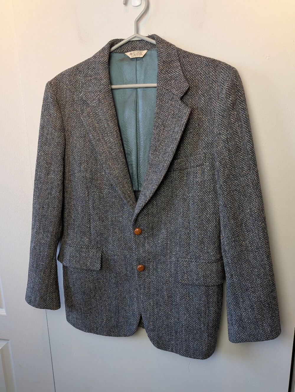1950-1960 HARRIS TWEED Men Blazer 100% Pure Wool Size 38S Gray Vintage Buttons